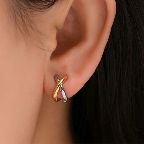 Two Tone X Huggie Earrings - Picture 3 of 3